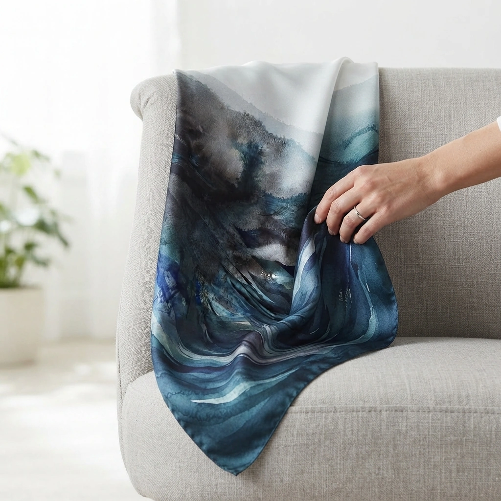 Sunrise Bloom silk bandana detail, draped in a gallery setting