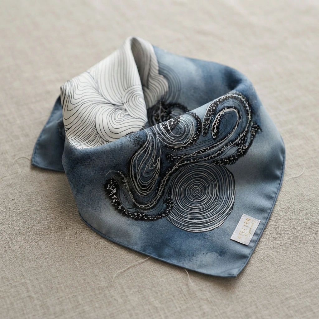 Azure Linea silk bandana — denim blue watercolor with intricate ivory line art, rolled on natural linen