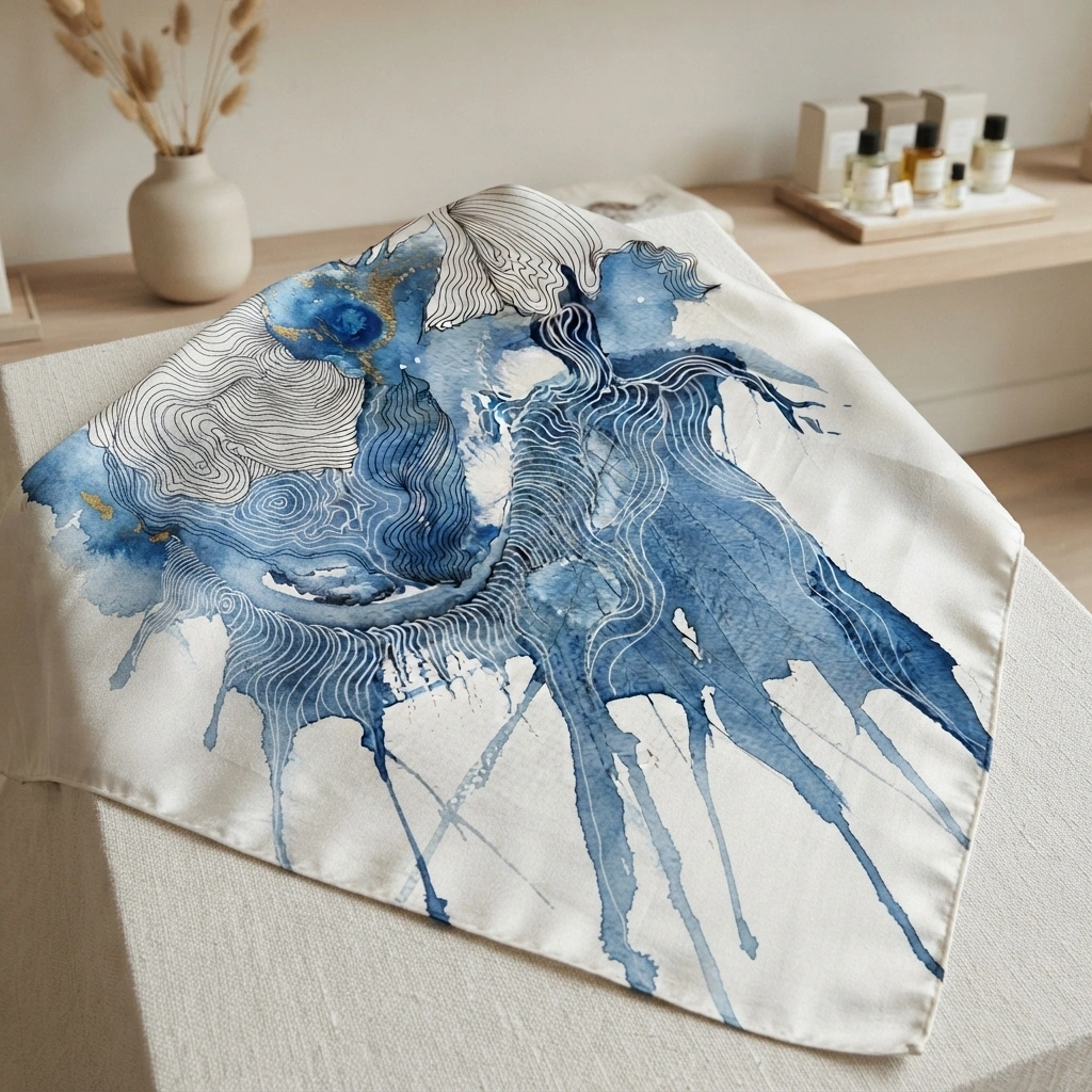 Indigo Cascade silk bandana — cascading indigo ink and gold on ivory silk, styled in a boutique