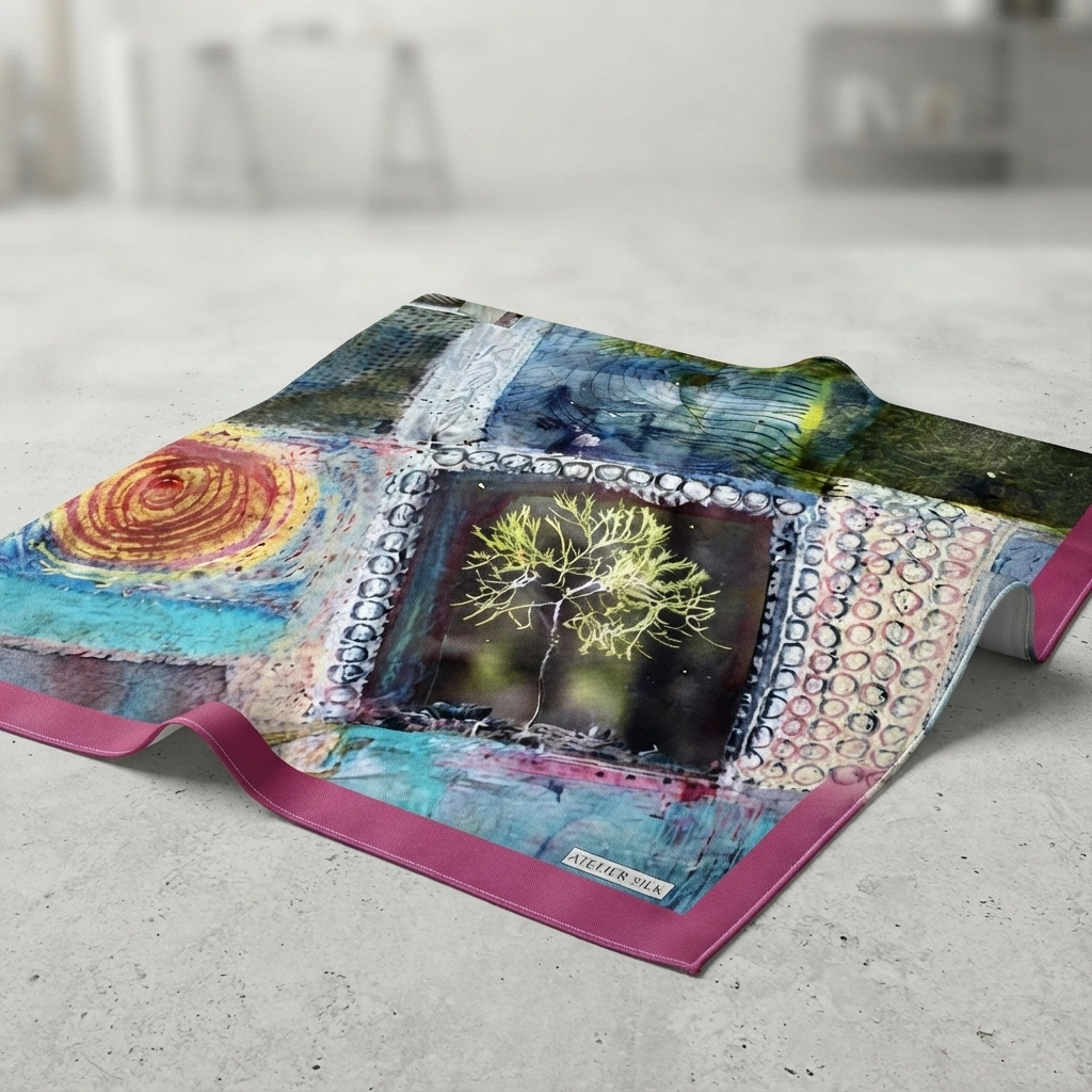 Vibrant hand-painted watercolor silk bandana lifestyle product photography