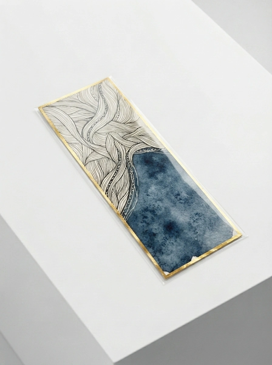 Azure Linea bookmark — flowing blue line-art watercolor original with navy wash and gold border