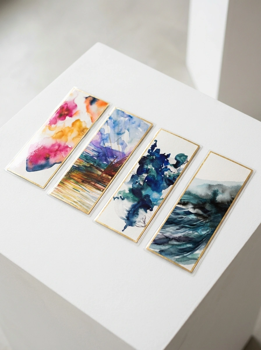 A curated set of four hand-painted watercolor bookmarks with gold borders