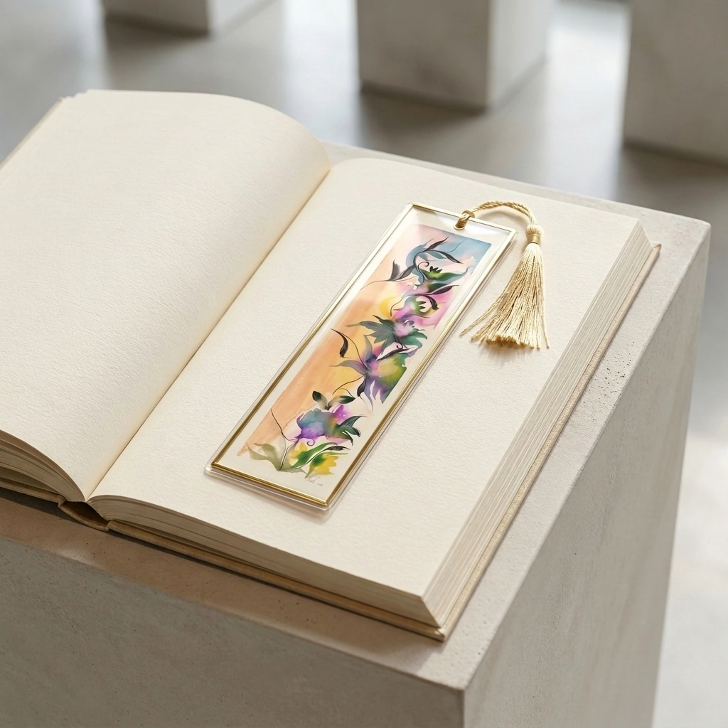Floral Reverie bookmark — soft pastel watercolor bloom of lilac, peach, blue and green with gold border and tassel