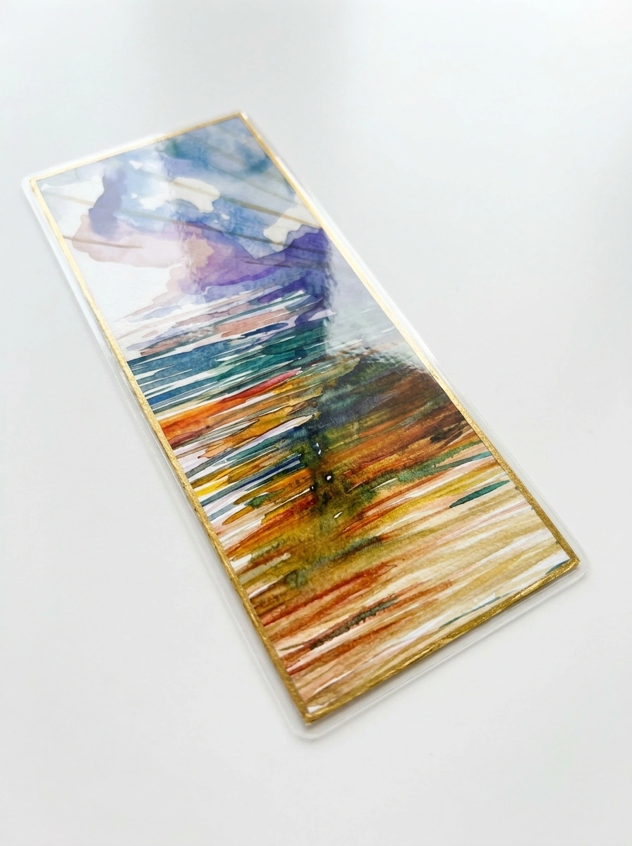 Nature's View bookmark — autumn landscape watercolor original in amber, teal and indigo with gold border