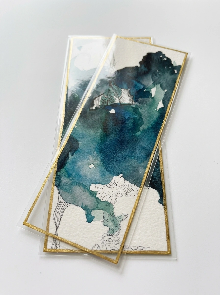 Oceanic Flow bookmark — teal and indigo seascape watercolor original pair with gold edging