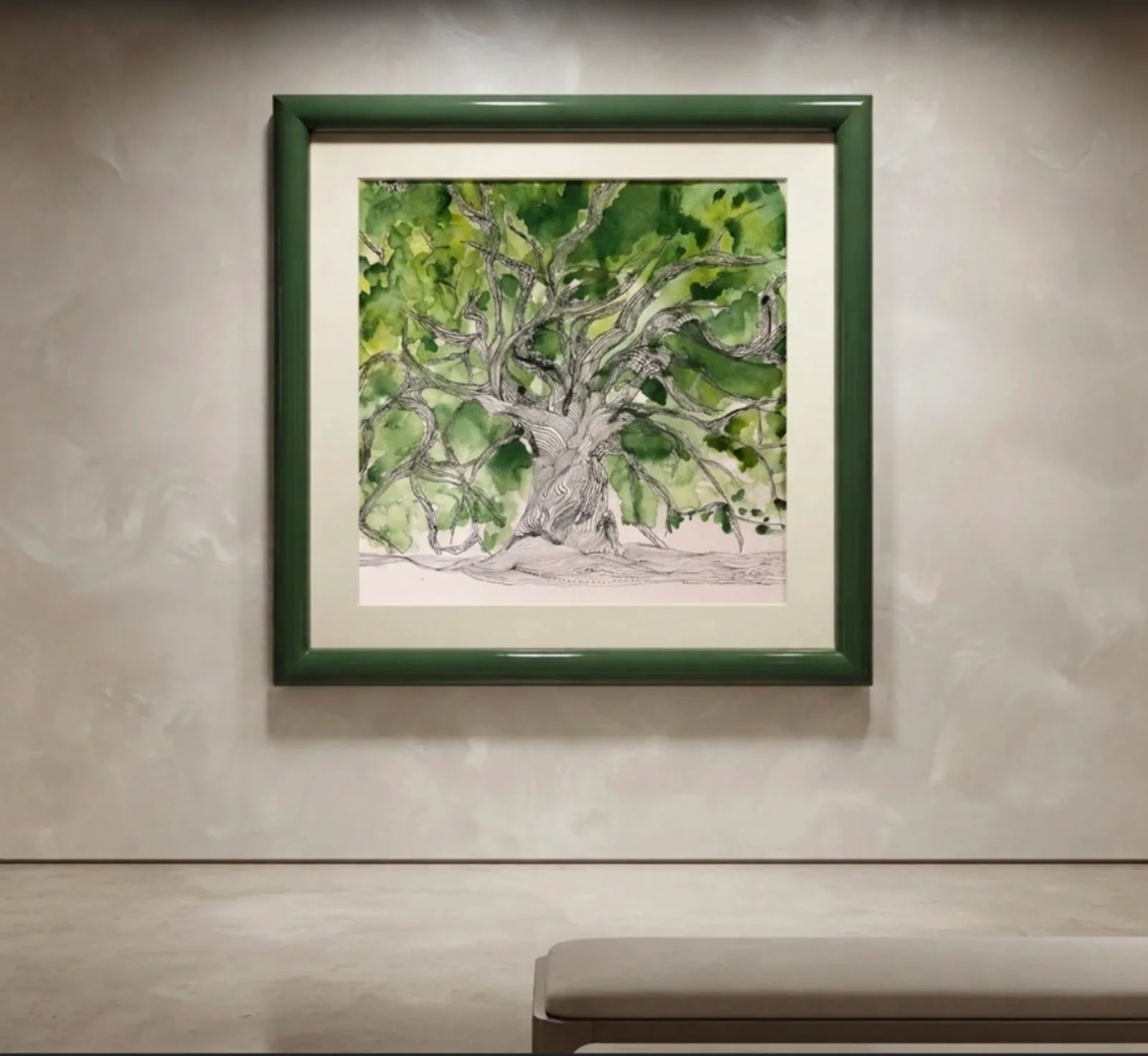 Canopy Reverie — Revital's original hand-painted watercolor, framed and hung on a gallery wall