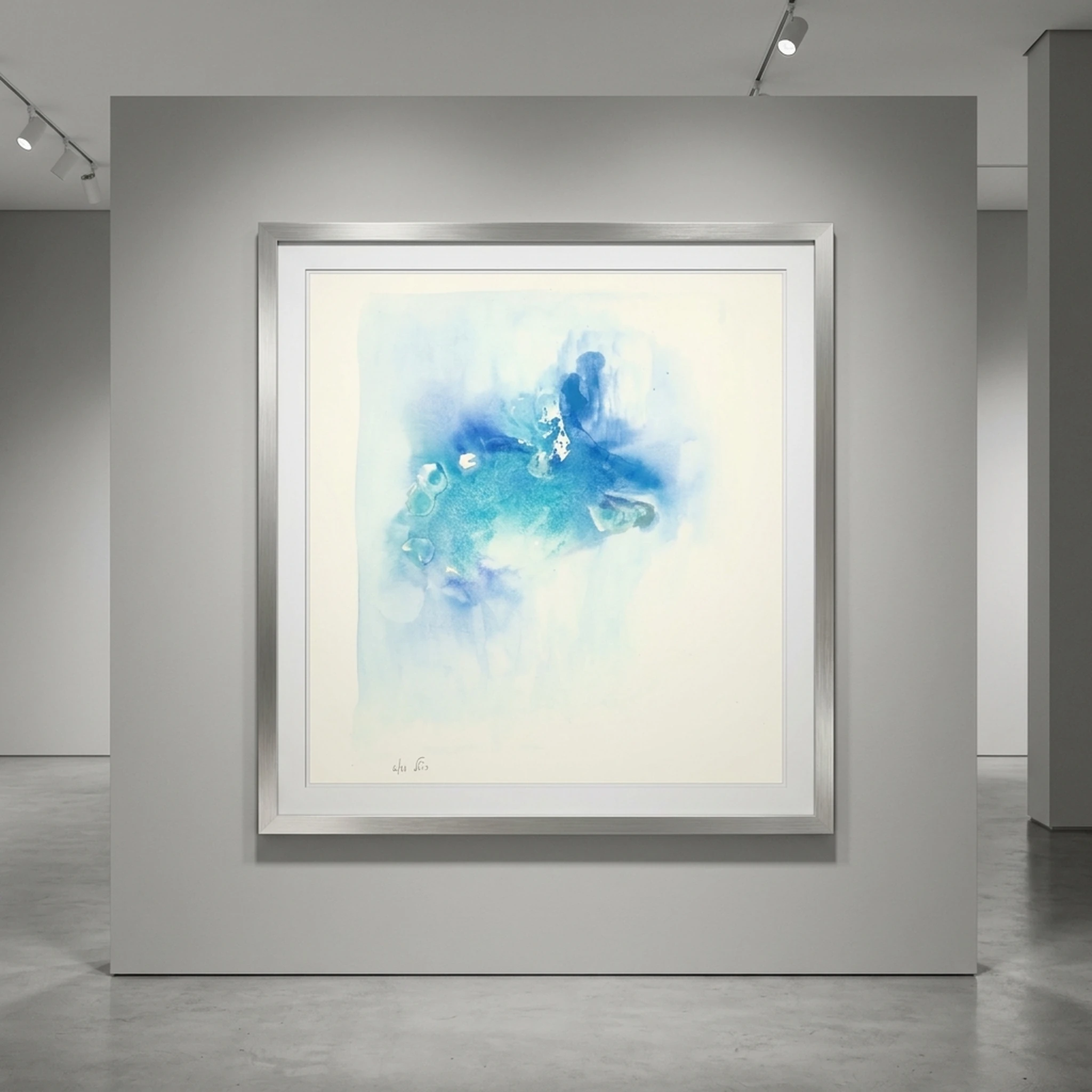 Cerulean Mist original hand-painted watercolor artwork, framed in a silver frame and hung in a softly lit gallery interior