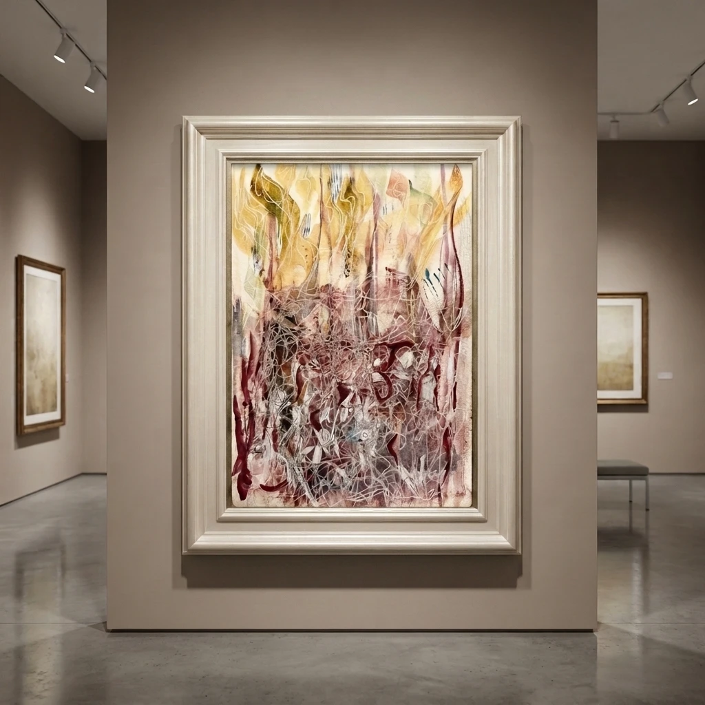 Crimson Amber — Revital's original hand-painted watercolor, framed and hung on a gallery wall