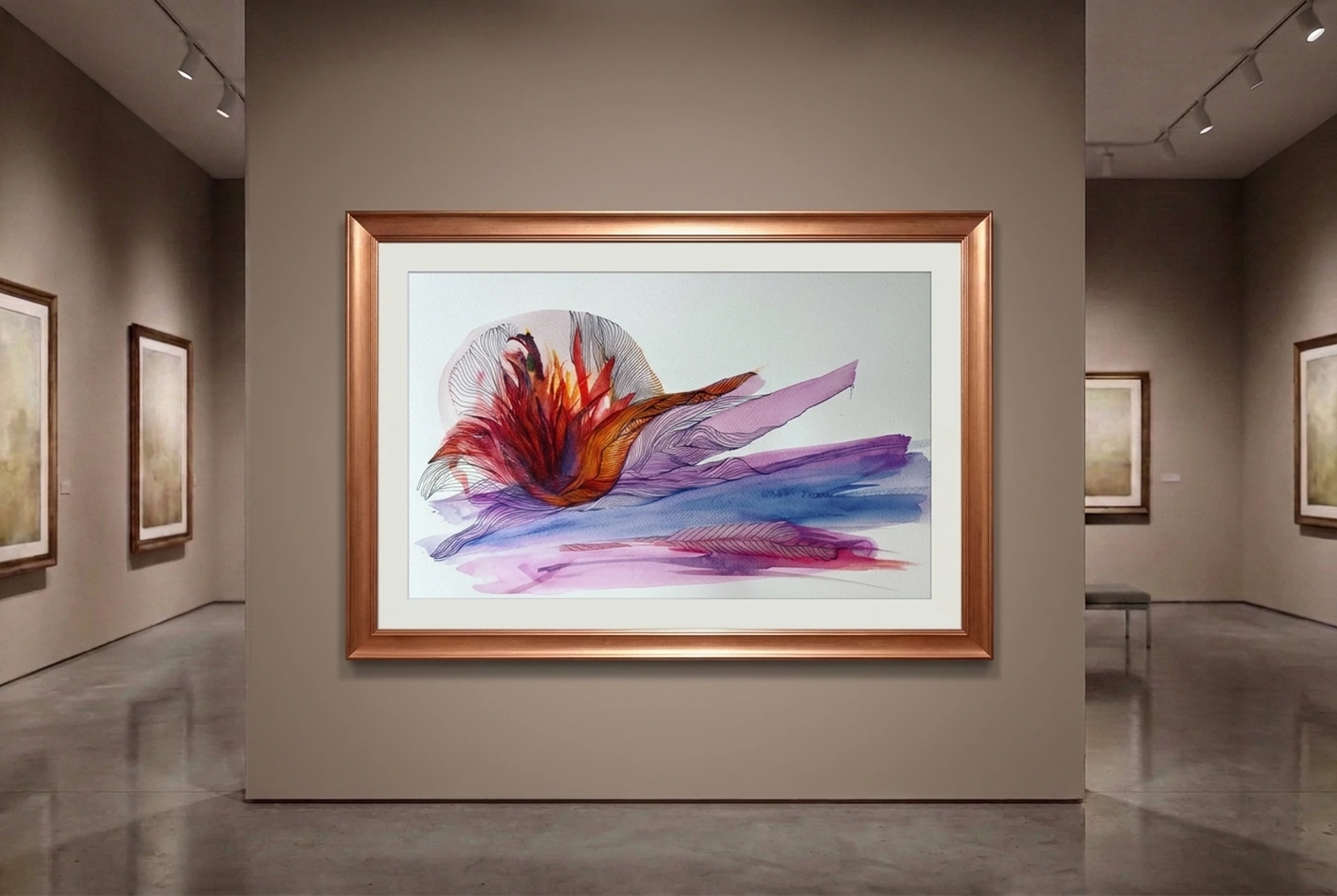 Crimson Resonance original hand-painted watercolor artwork, framed in a copper frame and hung in a softly lit gallery interior