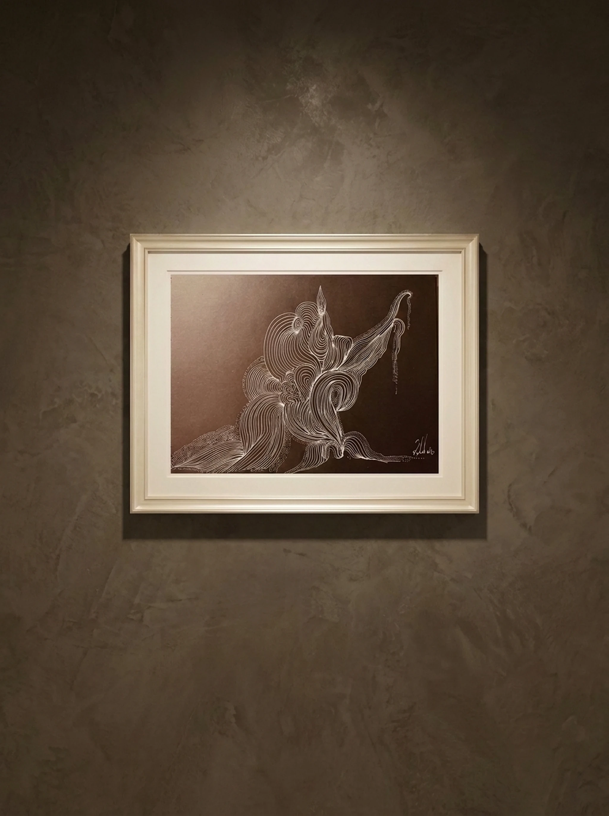 Ink Meridian — Revital's original hand-painted watercolor, framed and hung on a gallery wall