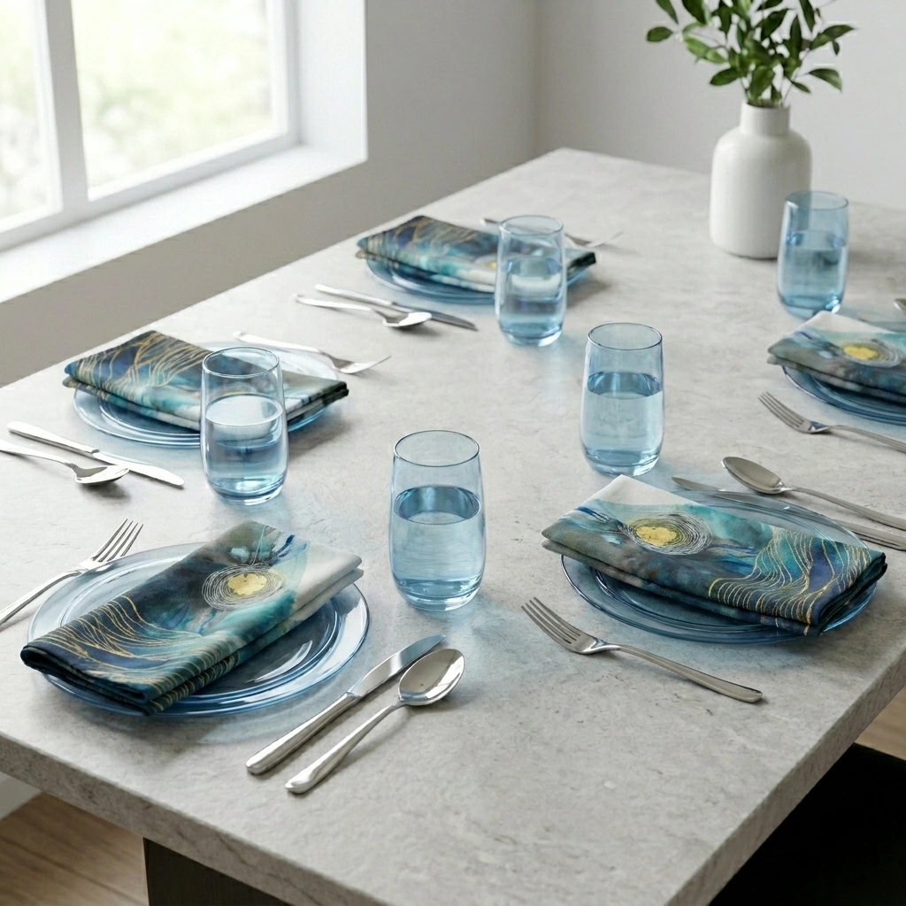 Set of four Currents in Ink cloth napkins, folded, showing the teal and gold watercolor design
