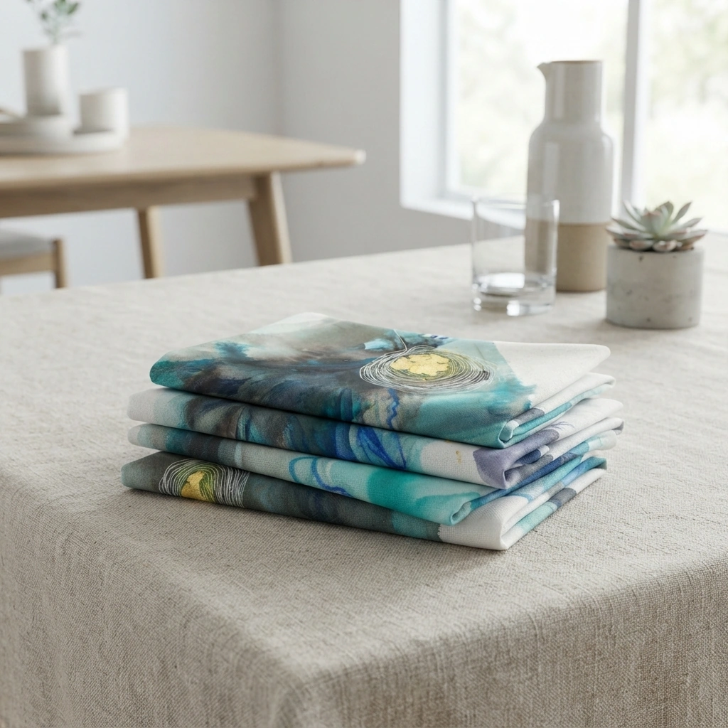 Currents in Ink table linens — teal and gold watercolor tablecloth with matching napkins