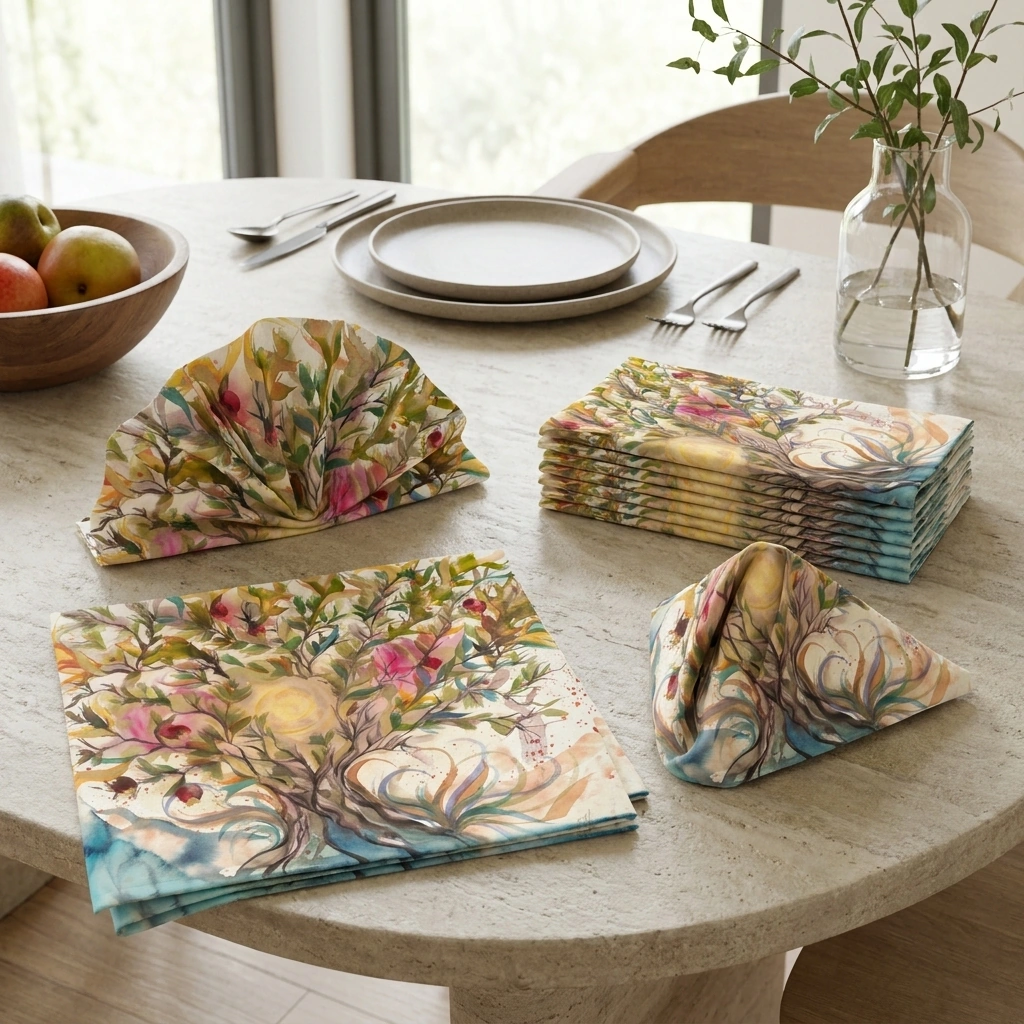 Set of four Tree of Life cloth napkins, folded, showing the green and gold watercolor design