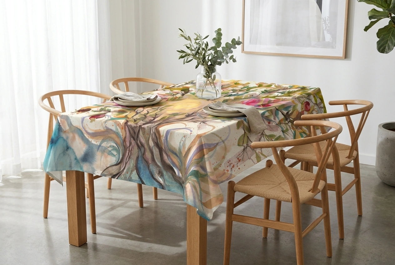 Tree of Life table linens — green, gold, rose and teal watercolor tablecloth with matching napkins