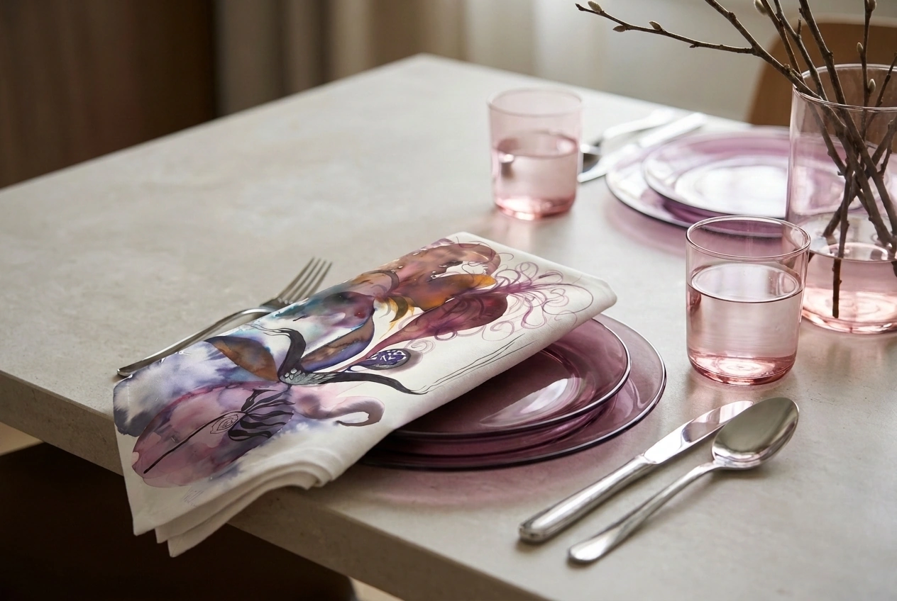 Set of four Velvet Bloom cloth napkins, folded, showing the magenta and gold watercolor design