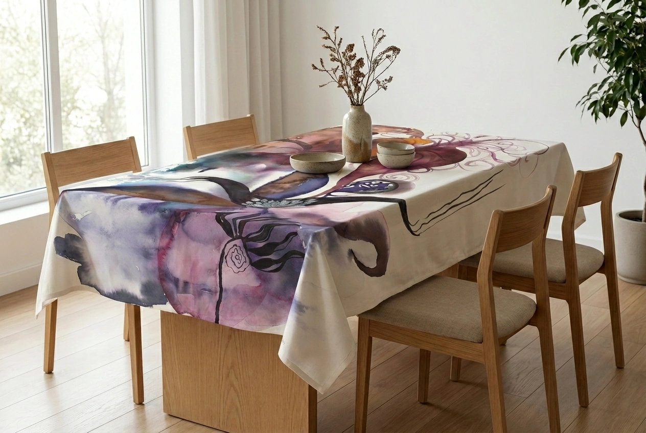 Velvet Bloom table linens — magenta, plum and violet watercolor floral tablecloth with matching napkins