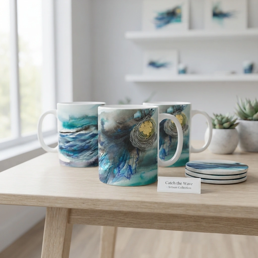 Currents in Ink Mug — teal and sapphire watercolor ceramic mug with matching coasters