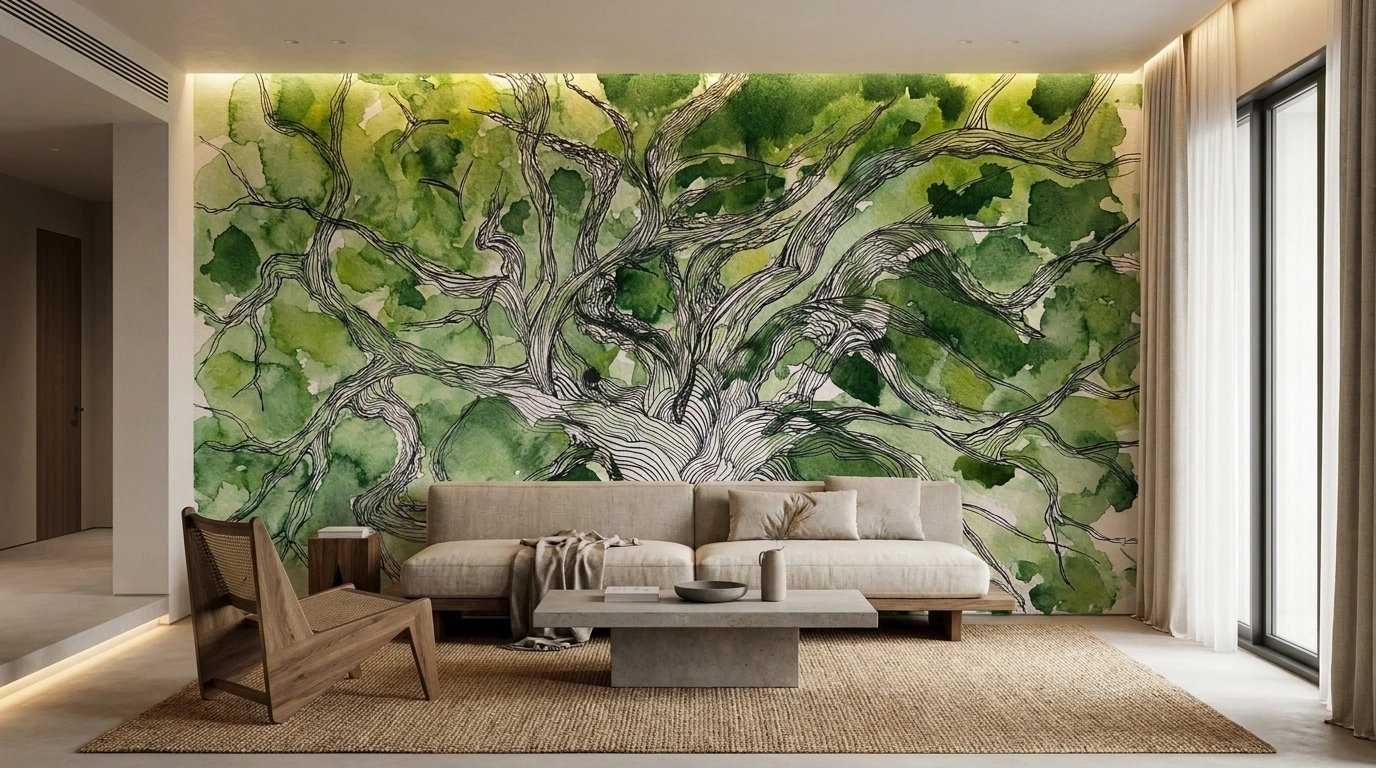 Canopy Reverie immersive watercolor wallpaper mural — a sweeping green tree canopy traced with fine black linework