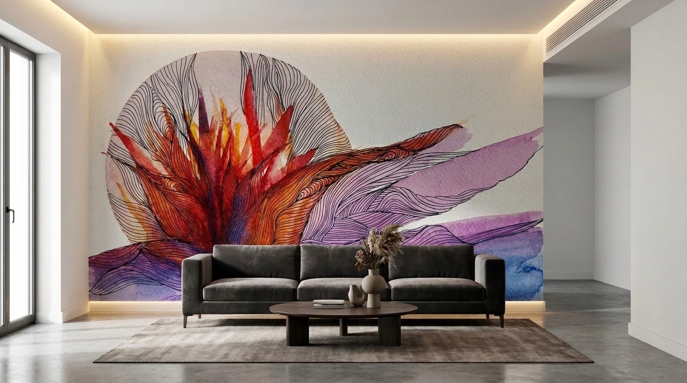 Crimson Resonance immersive watercolor wallpaper mural — a crimson and violet feathered bloom with fine black linework