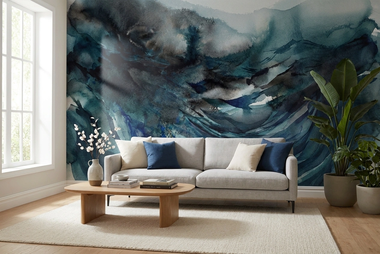 Immersive watercolor mural wallpaper installed in a modern interior setting