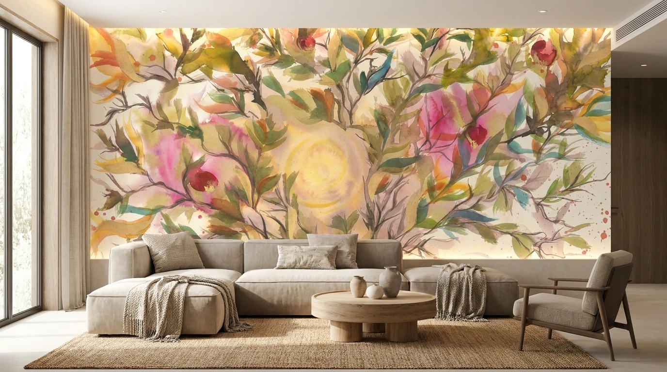 Tree of Life immersive watercolor wallpaper mural — a flowering tree of life in green, gold, rose and teal