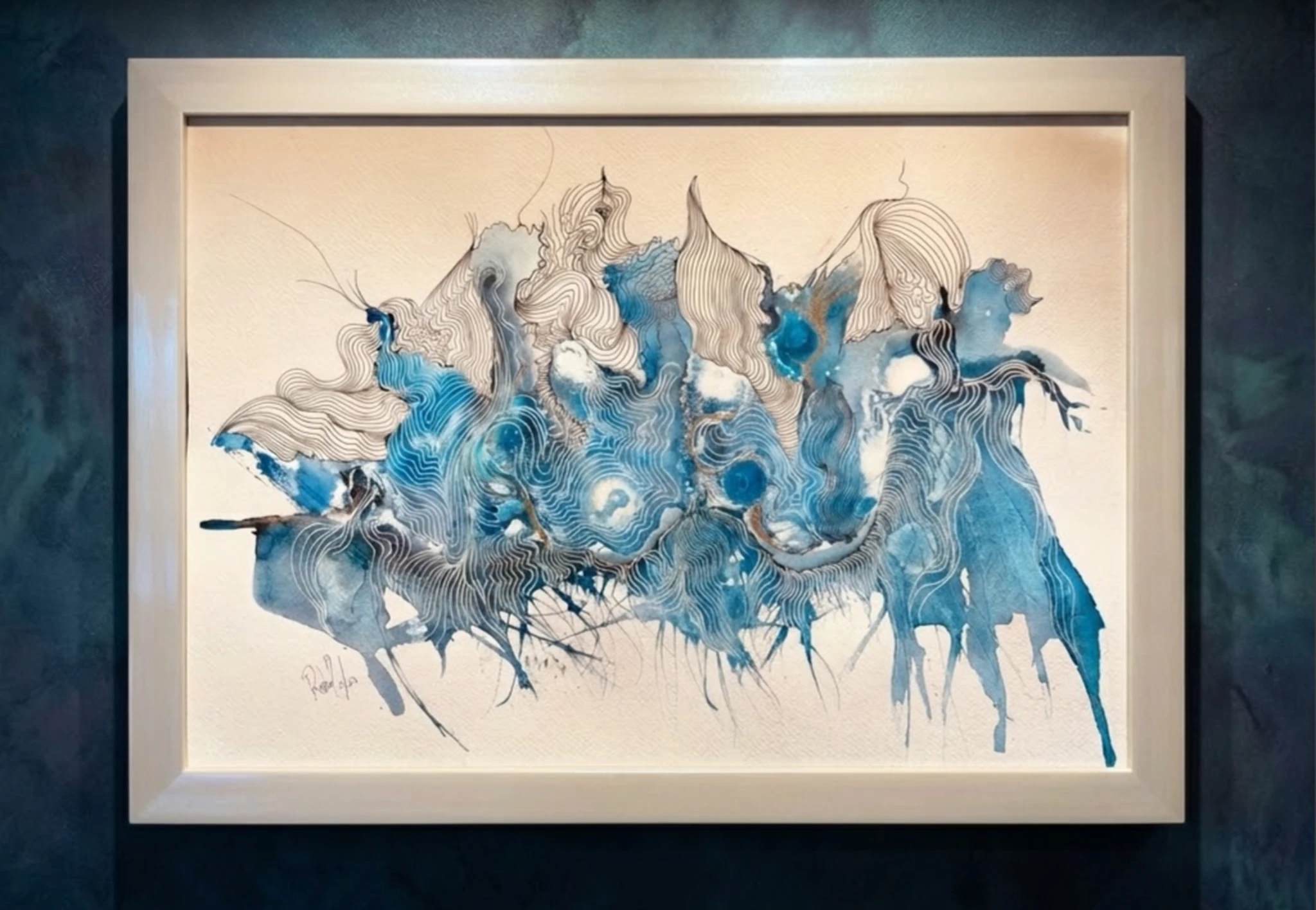 Oceanic Flow — Revital's original hand-painted watercolor, framed and hung on a gallery wall