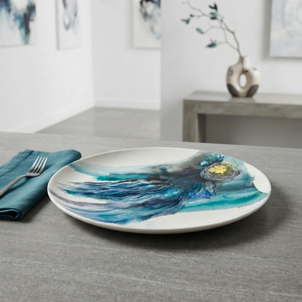 Currents in Ink hand-painted art plate — teal, sapphire and gilded gold watercolor currents
