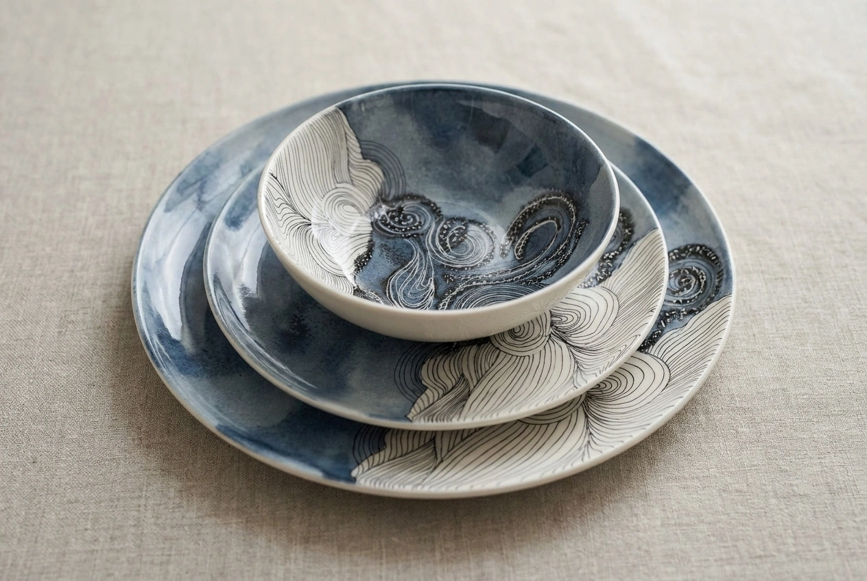 Ivory Denim hand-painted porcelain dinnerware set — indigo watercolor plates and bowl with fine white linework