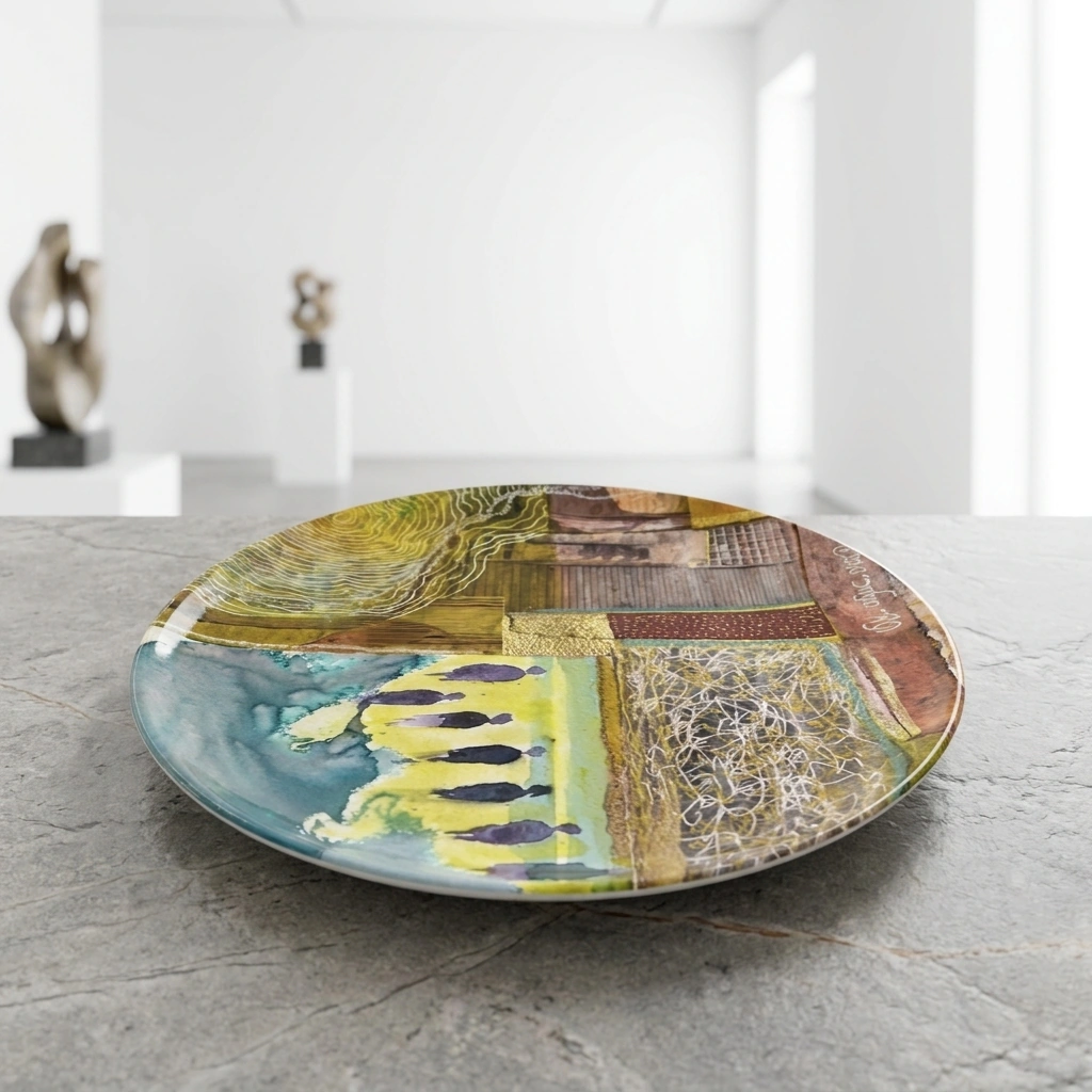 Meadow Hymn hand-painted ceramic plate — golden yellow, teal and plum watercolor collage with fine linework