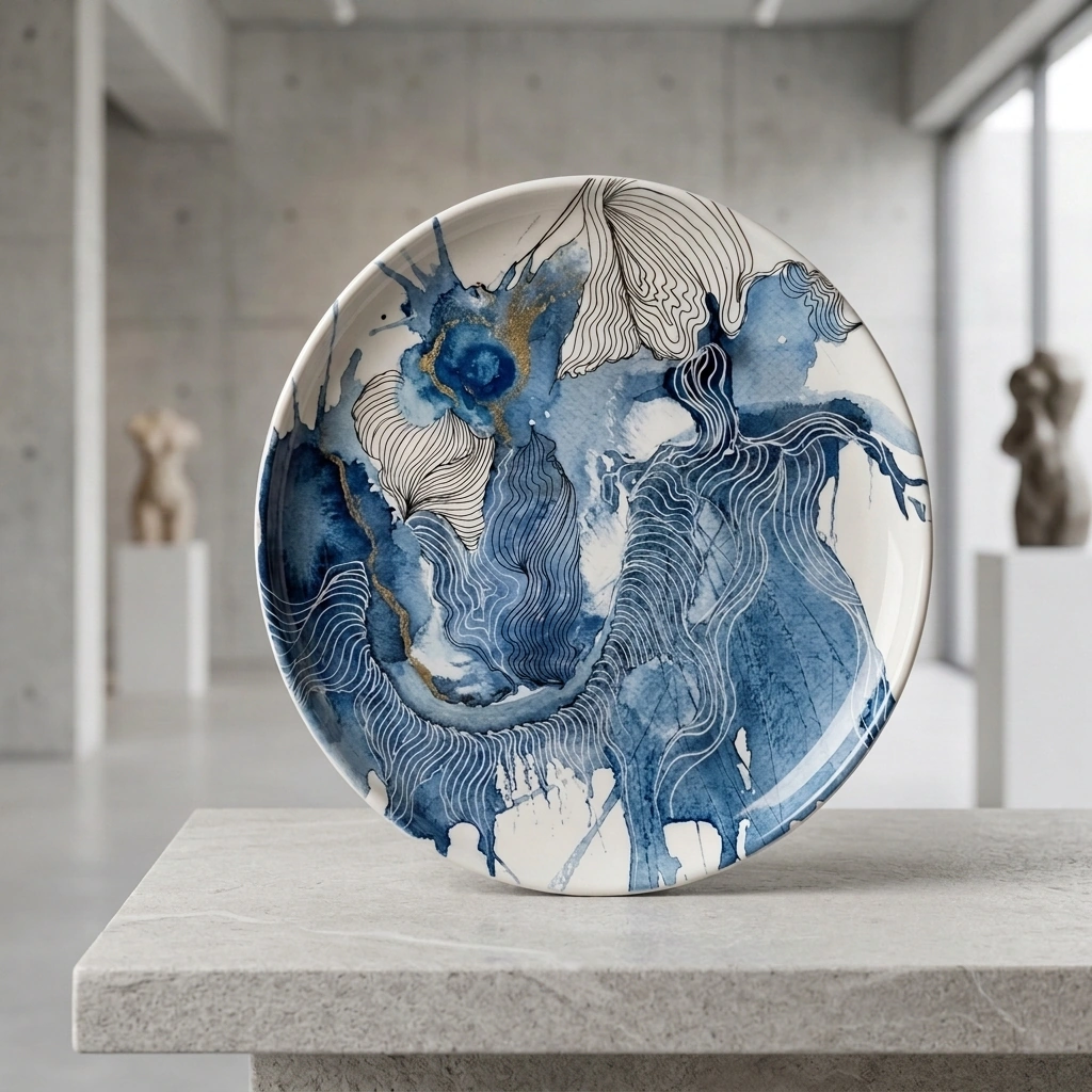 Oceanic Flow artisanal ceramic plate with fluid blue and white wave patterns