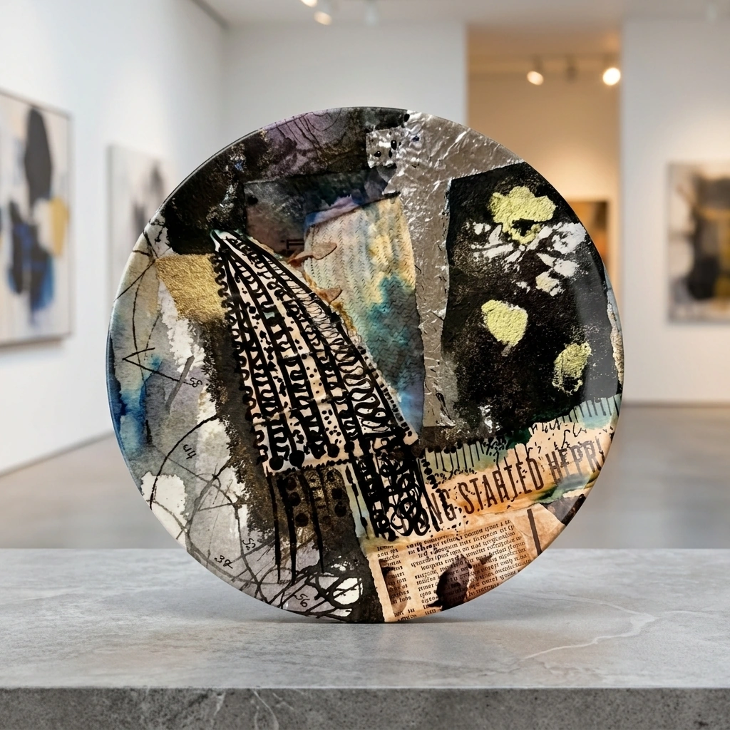 Urban Nocturne hand-painted ceramic plate — a collage of ink black, gold leaf and silver over newsprint textures