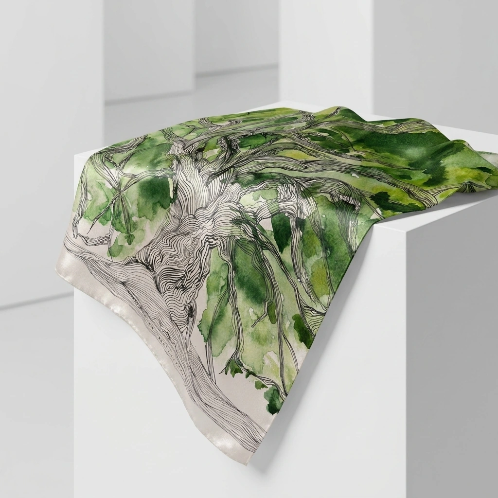 Canopy Reverie silk scarf — verdant green watercolor foliage with fine black linework on ivory, draped on a plinth