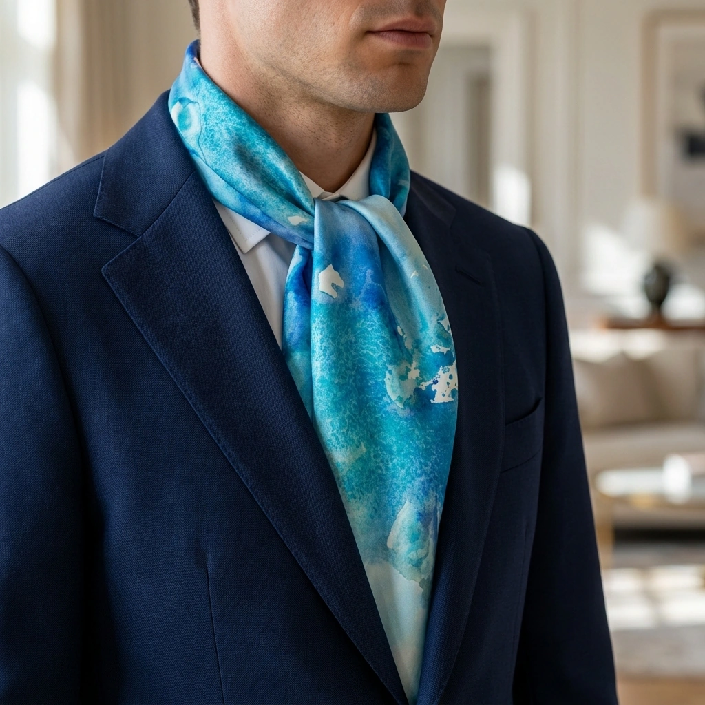 Cerulean Mist silk scarf styled and worn with a navy suit