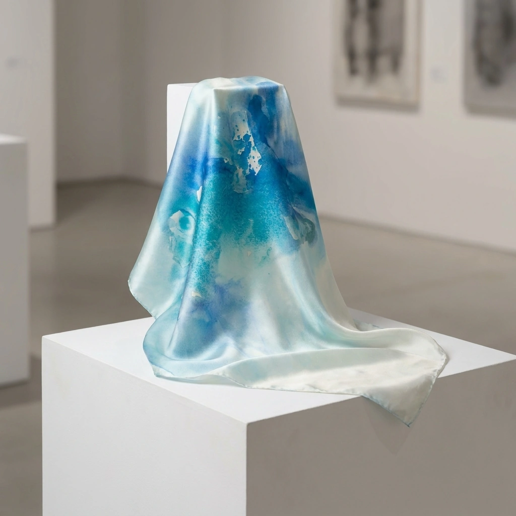 Cerulean Mist silk scarf — luminous cerulean and aqua watercolor washes over ivory silk, draped on a plinth