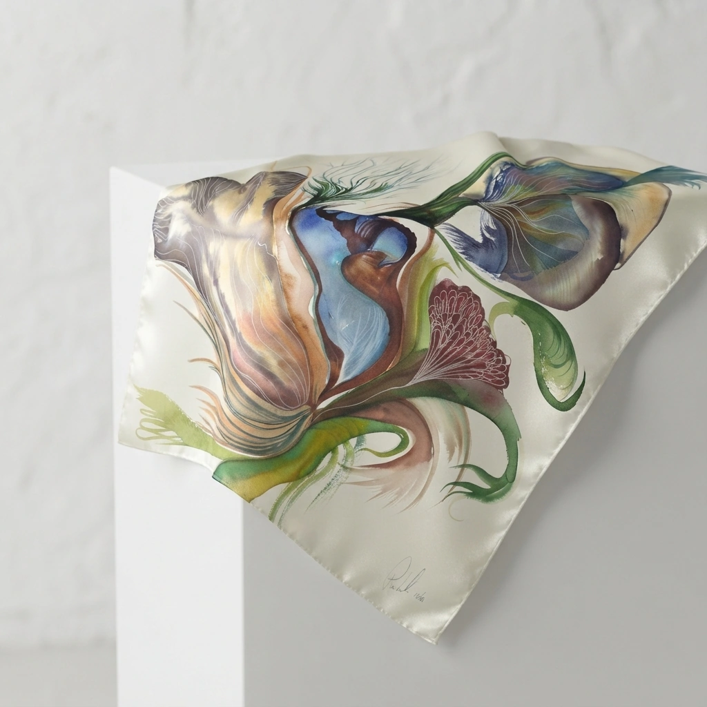 Chromatic Gallery silk scarf — a chromatic botanical bloom in amber, sapphire, plum and green on ivory silk