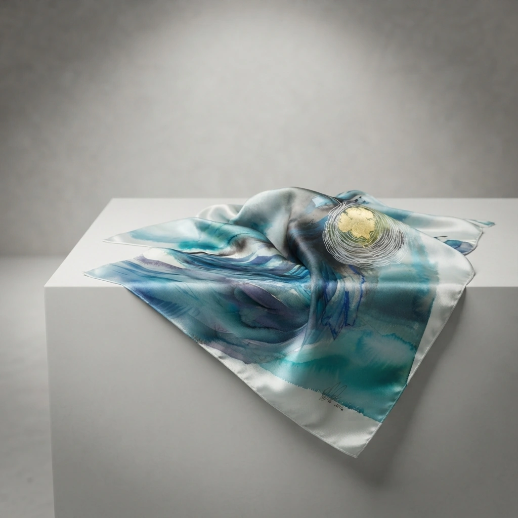 Currents in Ink silk scarf — teal and sapphire currents with a gilded gold focal bloom on ivory silk