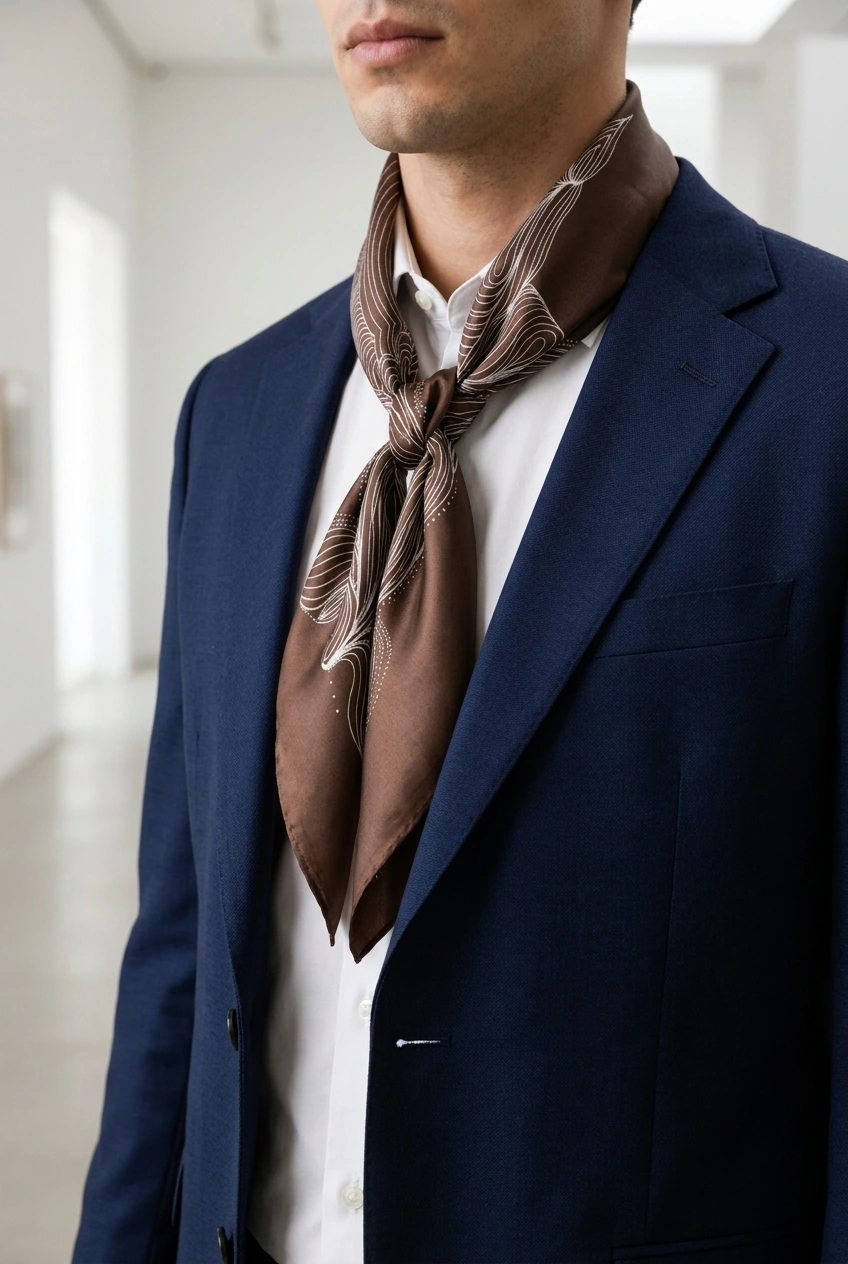 Ink Meridian silk scarf styled and worn with a navy suit