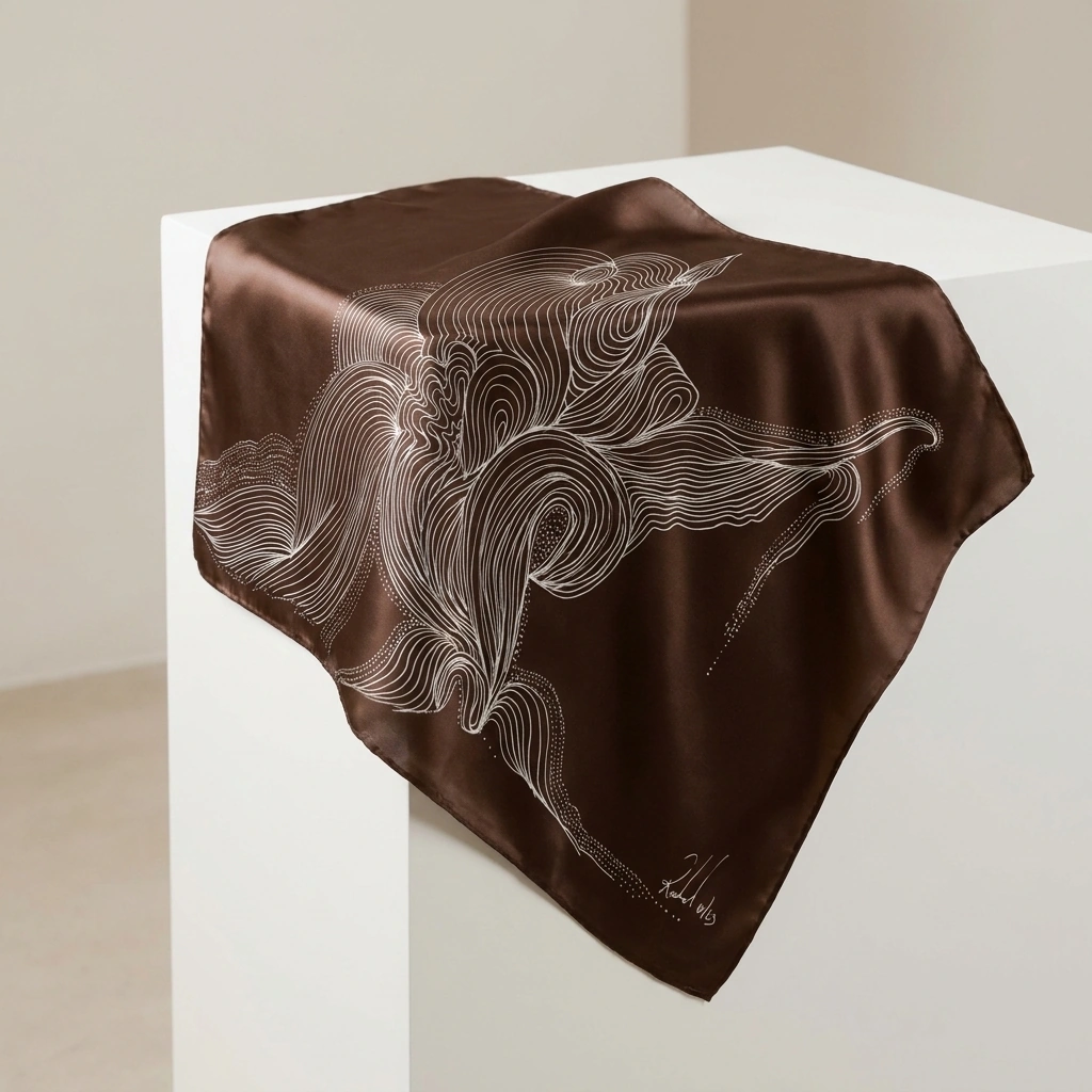 Ink Meridian silk scarf — fine ivory linework tracing a topographic bloom across deep espresso silk