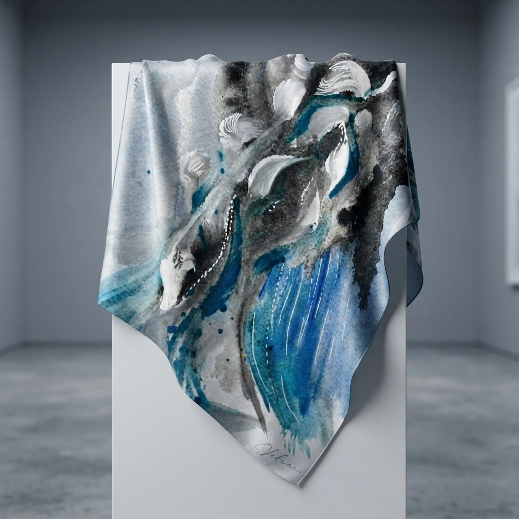 Ocean Breeze silk scarf — teal, indigo and charcoal watercolor washes with white ink detail, draped on a plinth