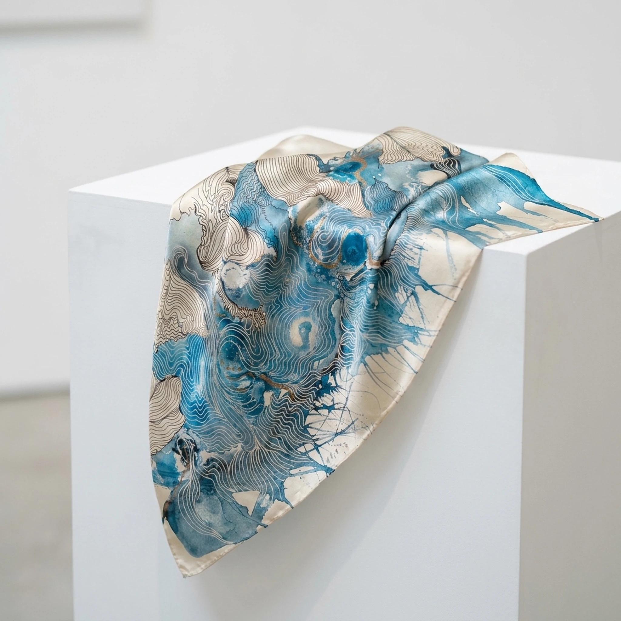 Oceanic Flow silk scarf with deep teal and cerulean watercolor currents and fine ivory and gold linework, draped on a white plinth