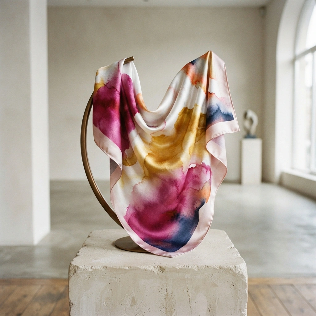 Summer Bloom silk scarf with raspberry pink, honey gold and navy watercolor washes, draped on a brass stand