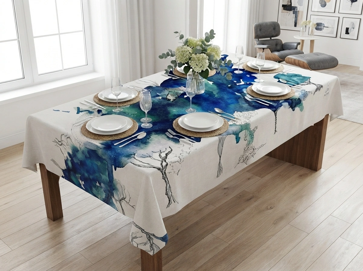 Cerulean Silhouette artisan tablecloth — deep blue and teal linen canvas