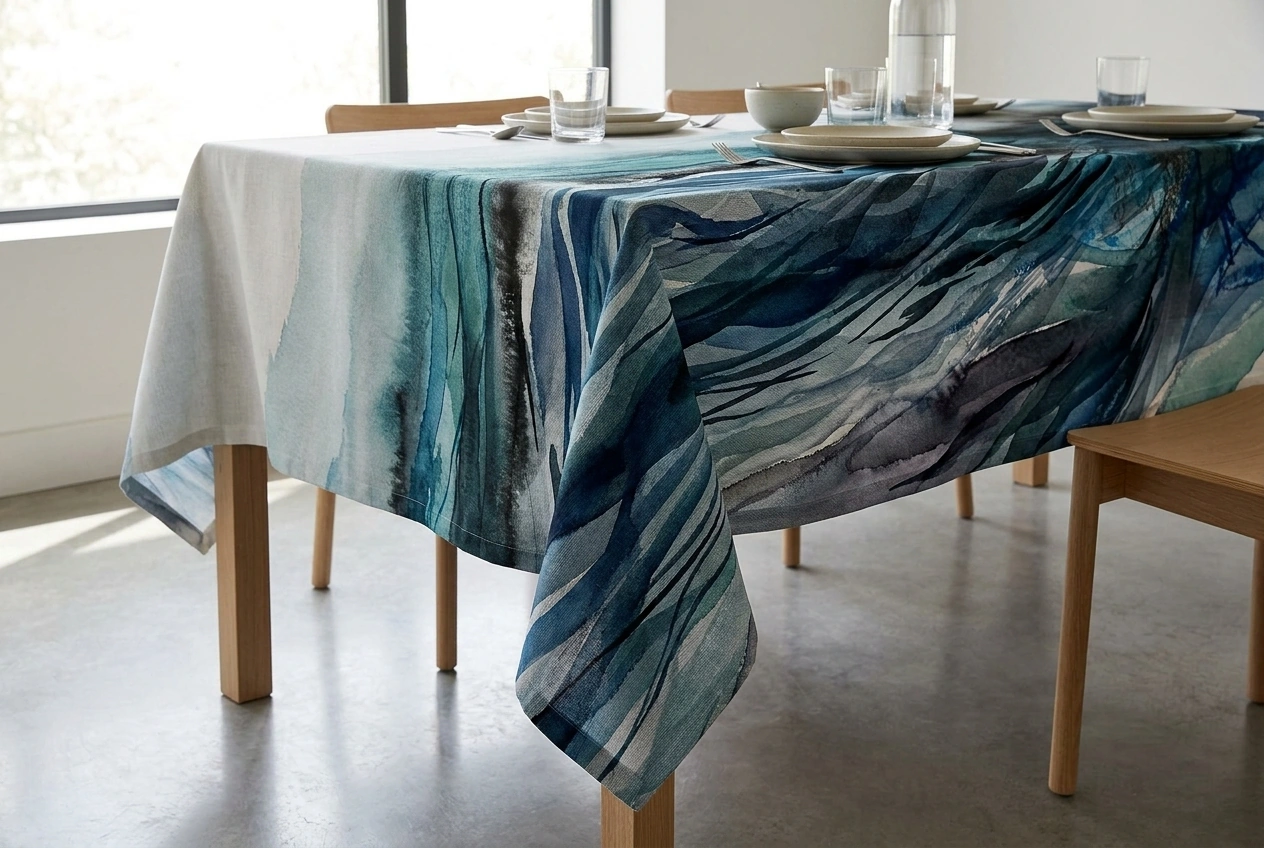 Deep Sea Waves artisan cotton tablecloth — teal, navy and slate flowing watercolor waves