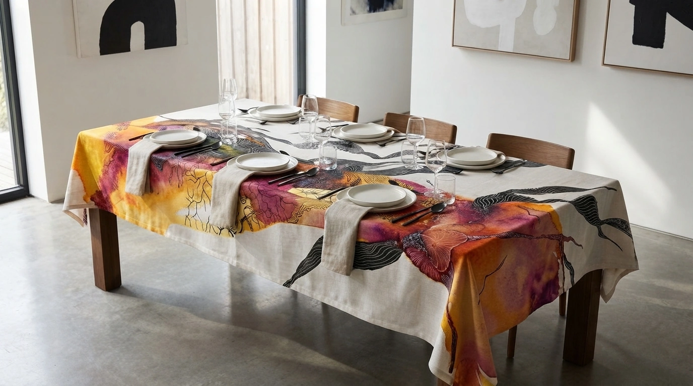 Ethereal Flora artisan tablecloth — amber, magenta and gold watercolor topography linen