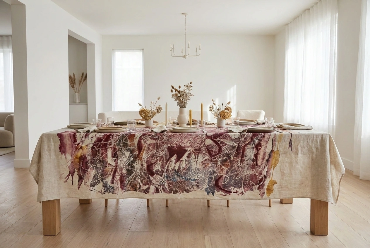 Hand-painted watercolor linen tablecloth styled on a modern dining table
