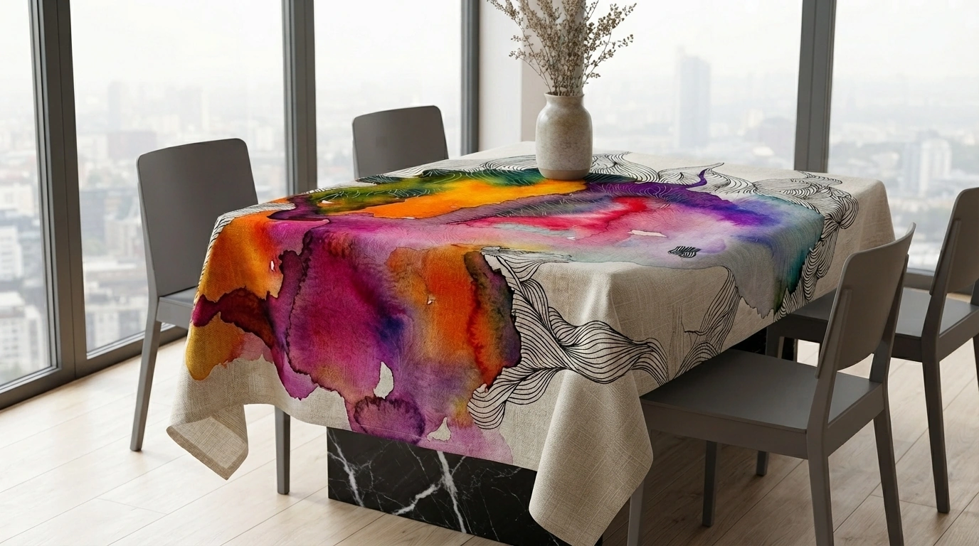 Midnight Ink artisan tablecloth — vibrant magenta, violet and rainbow watercolor linen