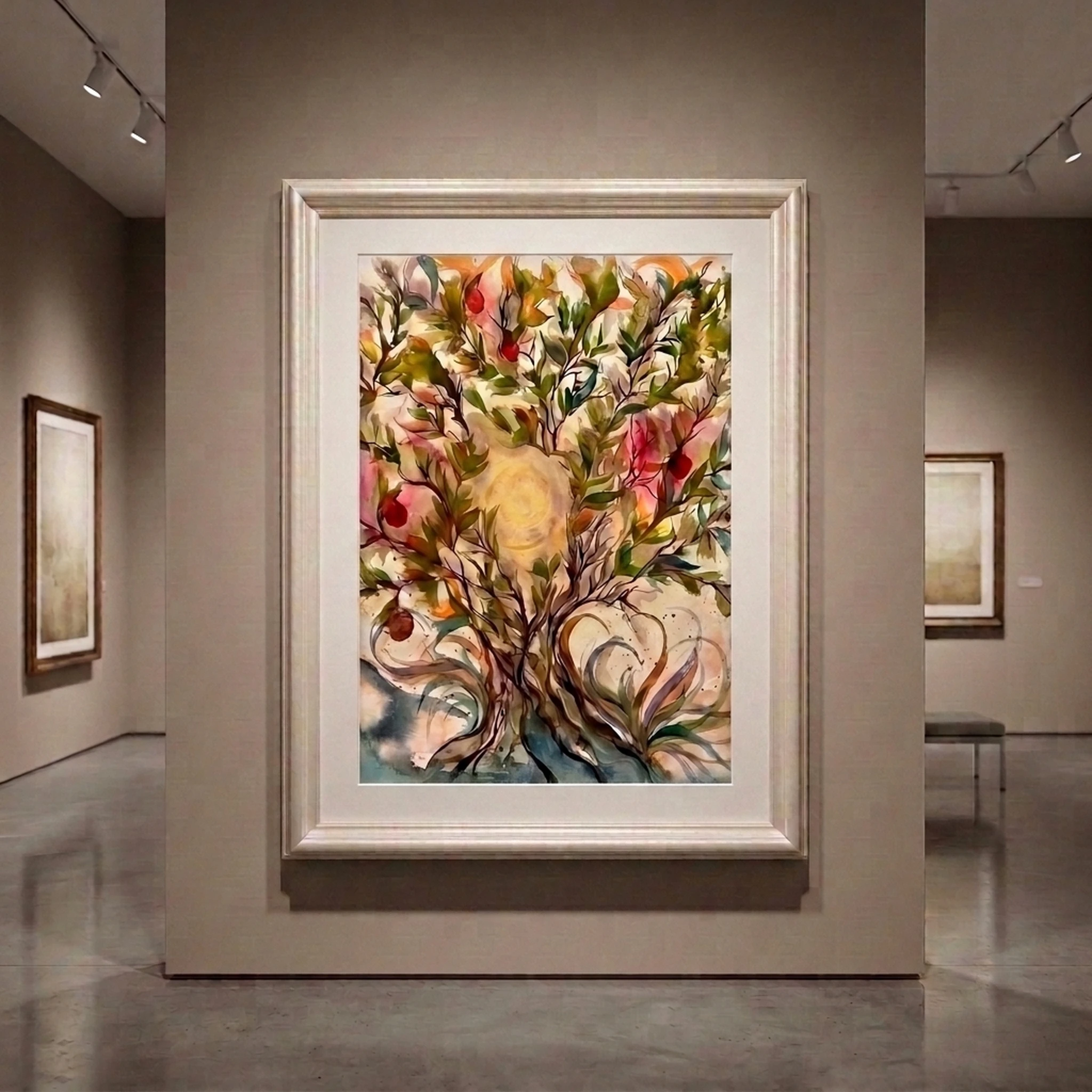 Tree of Life original hand-painted watercolor artwork, framed in a silver frame and hung in a softly lit gallery interior