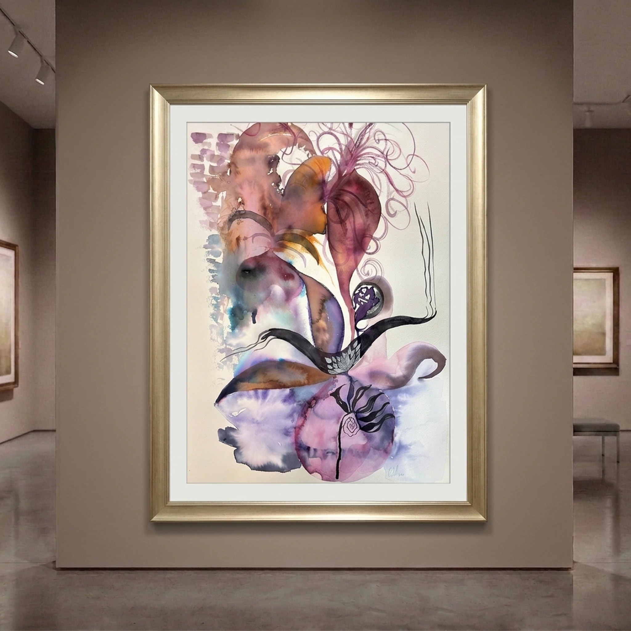 Velvet Bloom original hand-painted watercolor artwork, framed in a gold frame and hung in a softly lit gallery interior